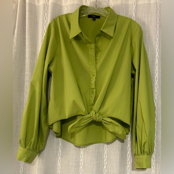 Lulus, Sunny Ties Lime Green Tie-Front Long Sleeve Button-Up Top. Sz. L - Picture 4 of 15
